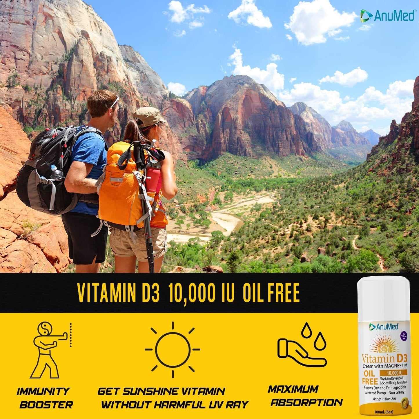 AnuMed International Vitamin D3 with Magnesium Cream - 10,000 IU, Hyaluronic Acid, Vitamin E, Shea Butter - Stronger Bones, Muscles, Joints, Immune System - 3oz