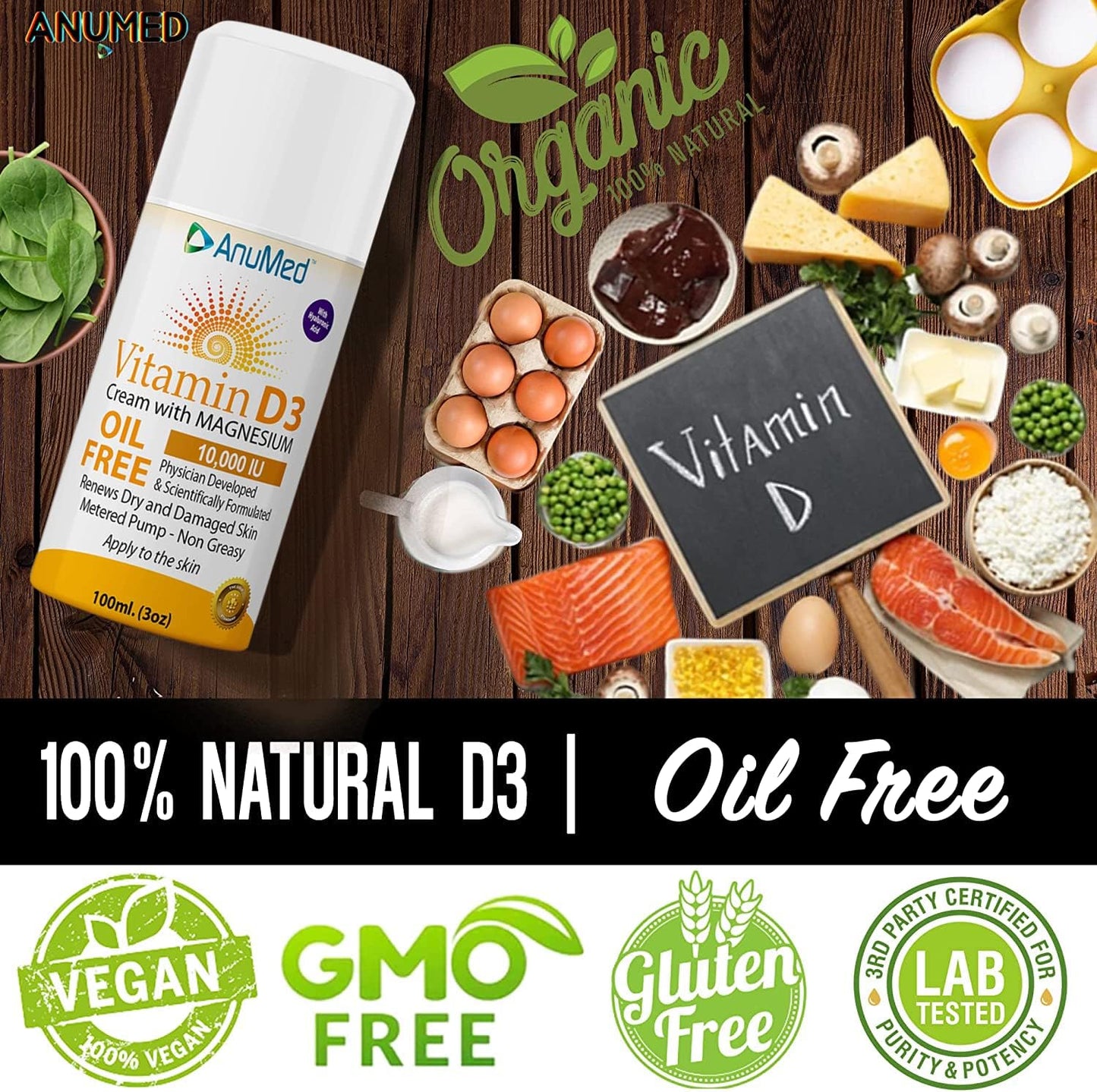AnuMed International Vitamin D3 with Magnesium Cream - 10,000 IU, Hyaluronic Acid, Vitamin E, Shea Butter - Stronger Bones, Muscles, Joints, Immune System - 3oz