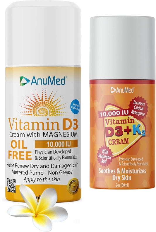 ANUMED Natural Cream Bundle: Vitamin D3 10,000 IU + D3 with K2 10,000 IU Travel Size 2oz - Hyaluronic Acid, Magnesium, Vitamin E, Zinc, Vitamin B3 - Non-GMO