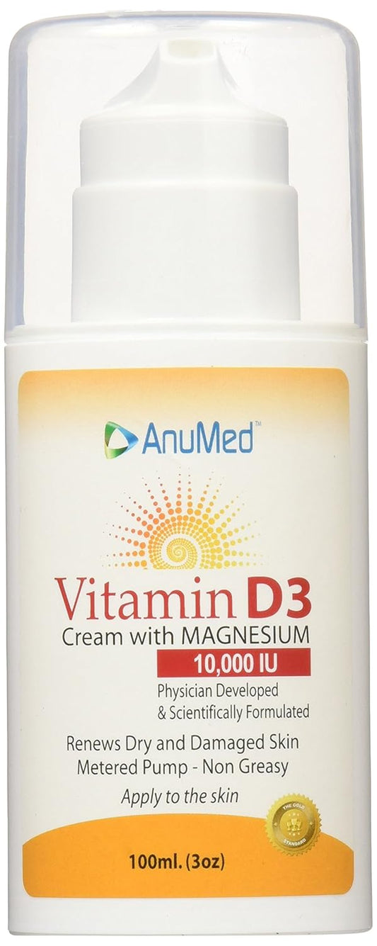 ANUMED Vitamin D3 10,000 IU Cream with Magnesium, Hyaluronic Acid, Vitamin E - Skin Care for Stronger Bones, Muscles, Joints, Heart, Immune System - Non-Greasy 3oz