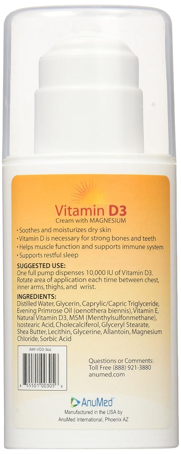 ANUMED Vitamin D3 10,000 IU Cream with Magnesium, Hyaluronic Acid, Vitamin E - Skin Care for Stronger Bones, Muscles, Joints, Heart, Immune System - Non-Greasy 3oz