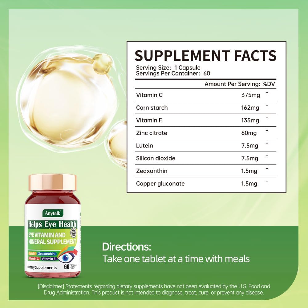 anytalk-anytalk Eye Vitamin & Mineral Supplement with Lutein & Zeaxanthin for Eye Strain, Pressure, Night Vision - 60 Softgels