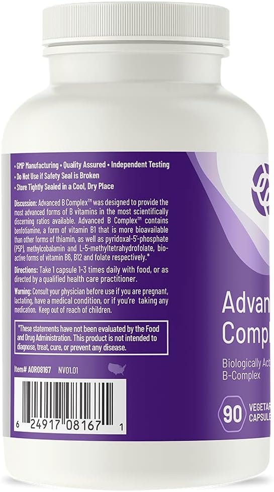 AOR Advanced B Complex - Multivitamin Support for Energy, Stress, Metabolism - 90 Capsules