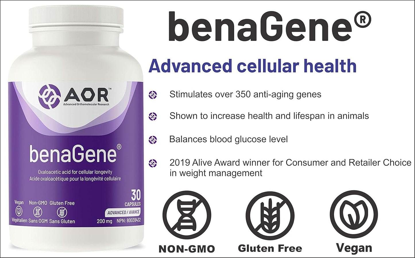 AOR benaGene Dietary Supplement for Healthy Aging, Energy, and Longevity - 30 Capsules