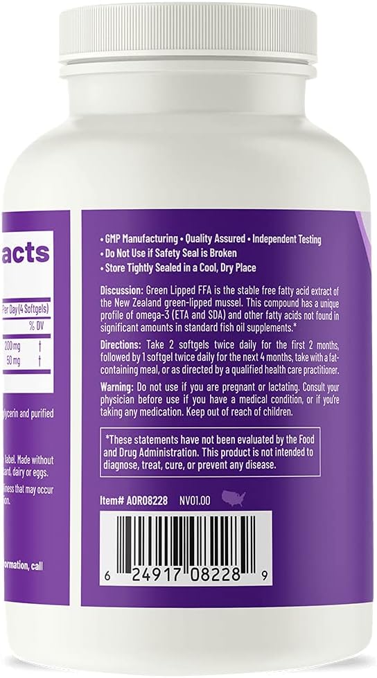 AOR Green Lipped FFA Joint Health Supplement, Natural Formula, 30 Servings (60 Softgels)