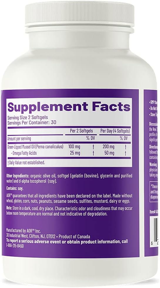 AOR Green Lipped FFA Joint Health Supplement, Natural Formula, 30 Servings (60 Softgels)