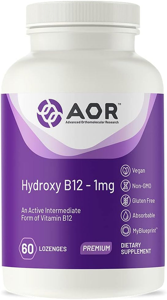 AOR Hydroxy B12 Dietary Supplement - Supports Cardiovascular Health, Nerve Function, and Detoxification - Vegan - 60 Lozenges