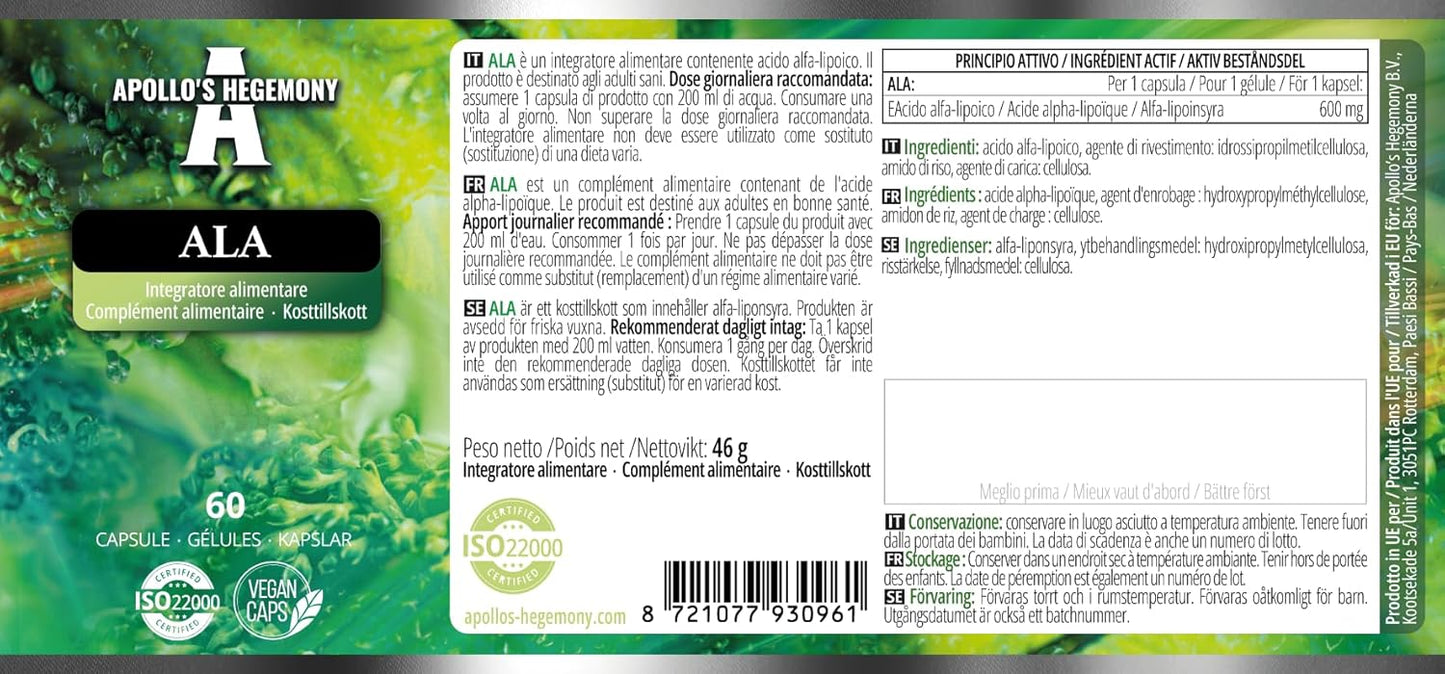 Apollo's Hegemony ALA 600 mg - 60 Vegan Capsules - Glucose Management & Mitochondrial Health - 2 Month Supply