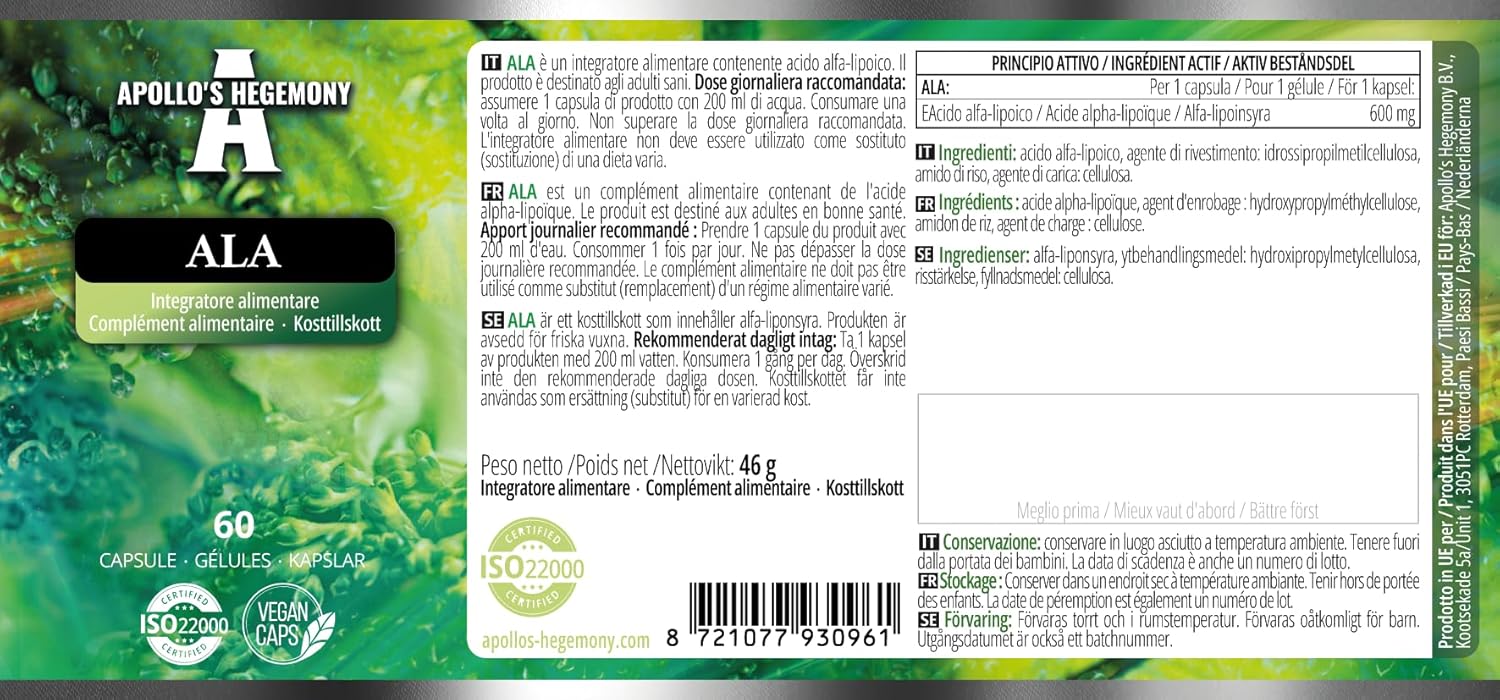 Apollo's Hegemony ALA 600 mg - 60 Vegan Capsules - Glucose Management & Mitochondrial Health - 2 Month Supply