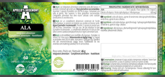 Apollo's Hegemony ALA 600 mg - 60 Vegan Capsules - Glucose Management & Mitochondrial Health - 2 Month Supply