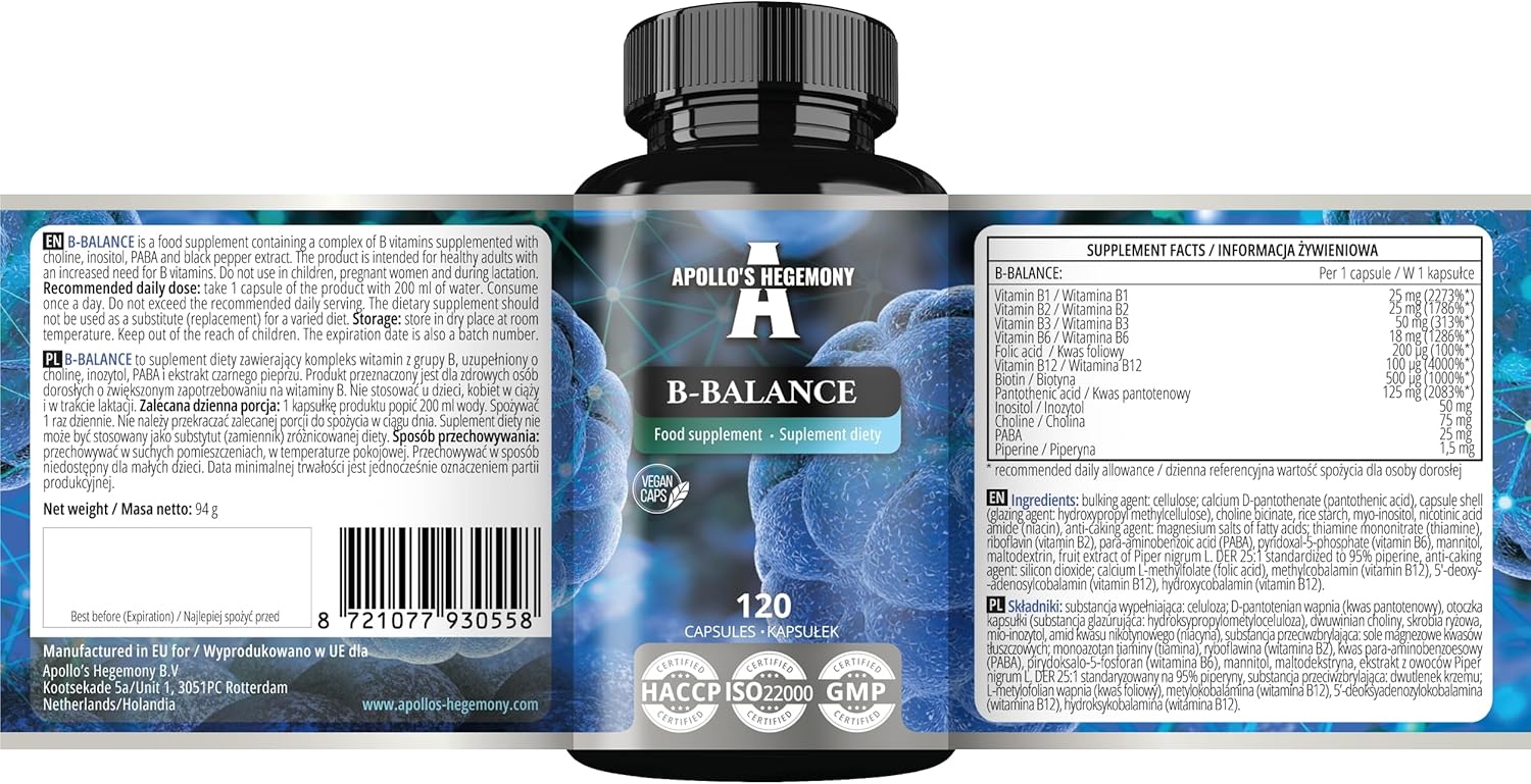 Apollo's Hegemony B-Balance Vitamin B Complex Capsules - 120 Vegan Capsules, Including B1, B2, B6, B12, Folate - 4 Month Supply for Overall Health Support