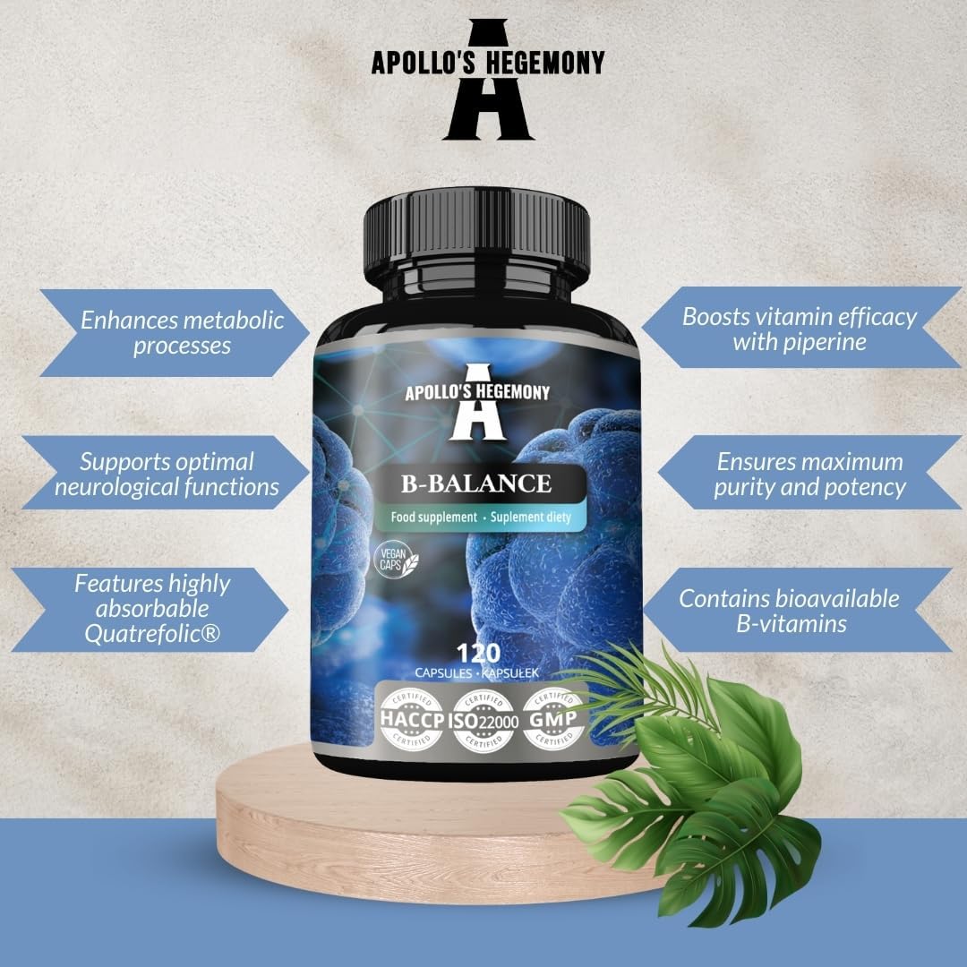 Apollo's Hegemony B-Balance Vitamin B Complex Capsules - 120 Vegan Capsules, Including B1, B2, B6, B12, Folate - 4 Month Supply for Overall Health Support
