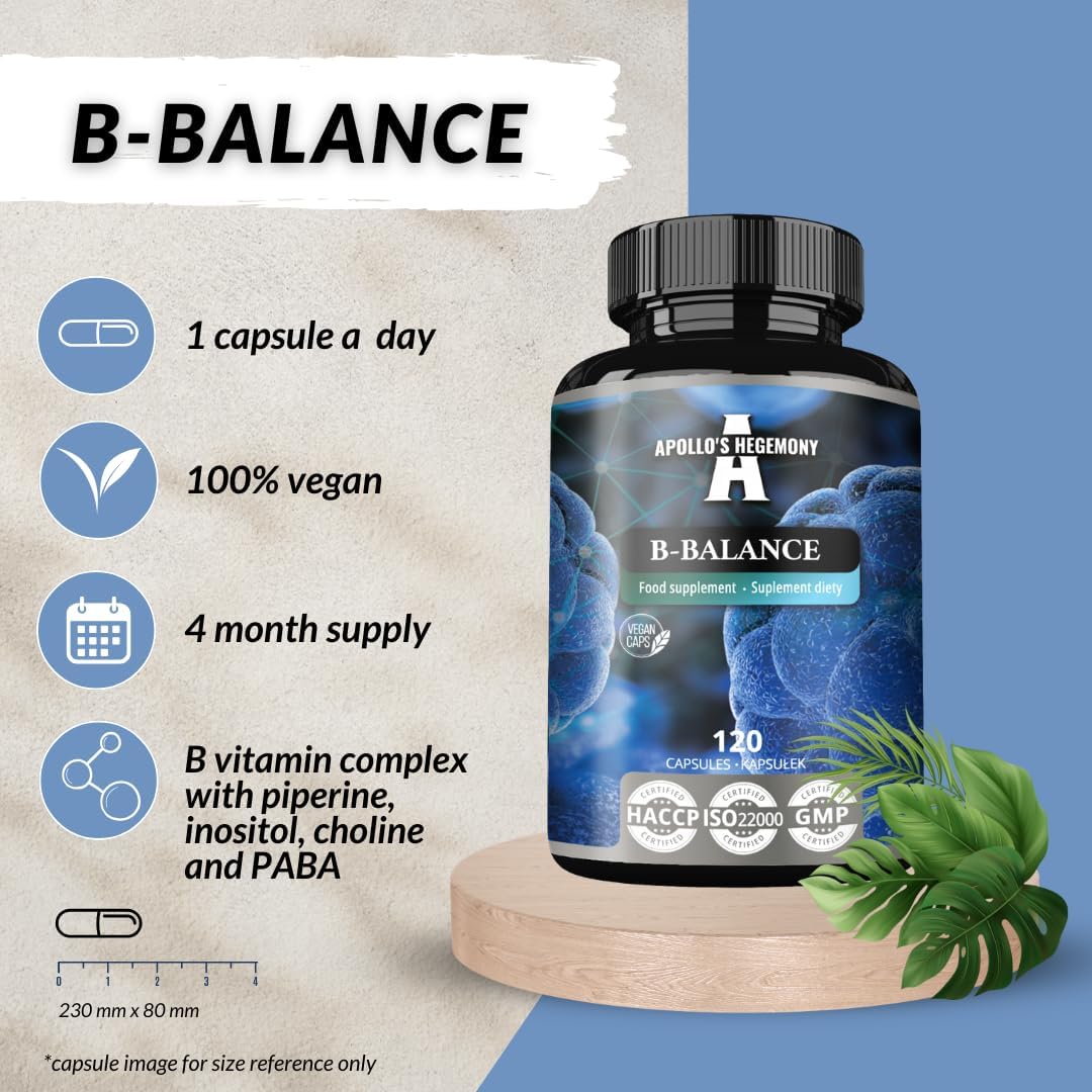 Apollo's Hegemony B-Balance Vitamin B Complex Capsules - 120 Vegan Capsules, Including B1, B2, B6, B12, Folate - 4 Month Supply for Overall Health Support