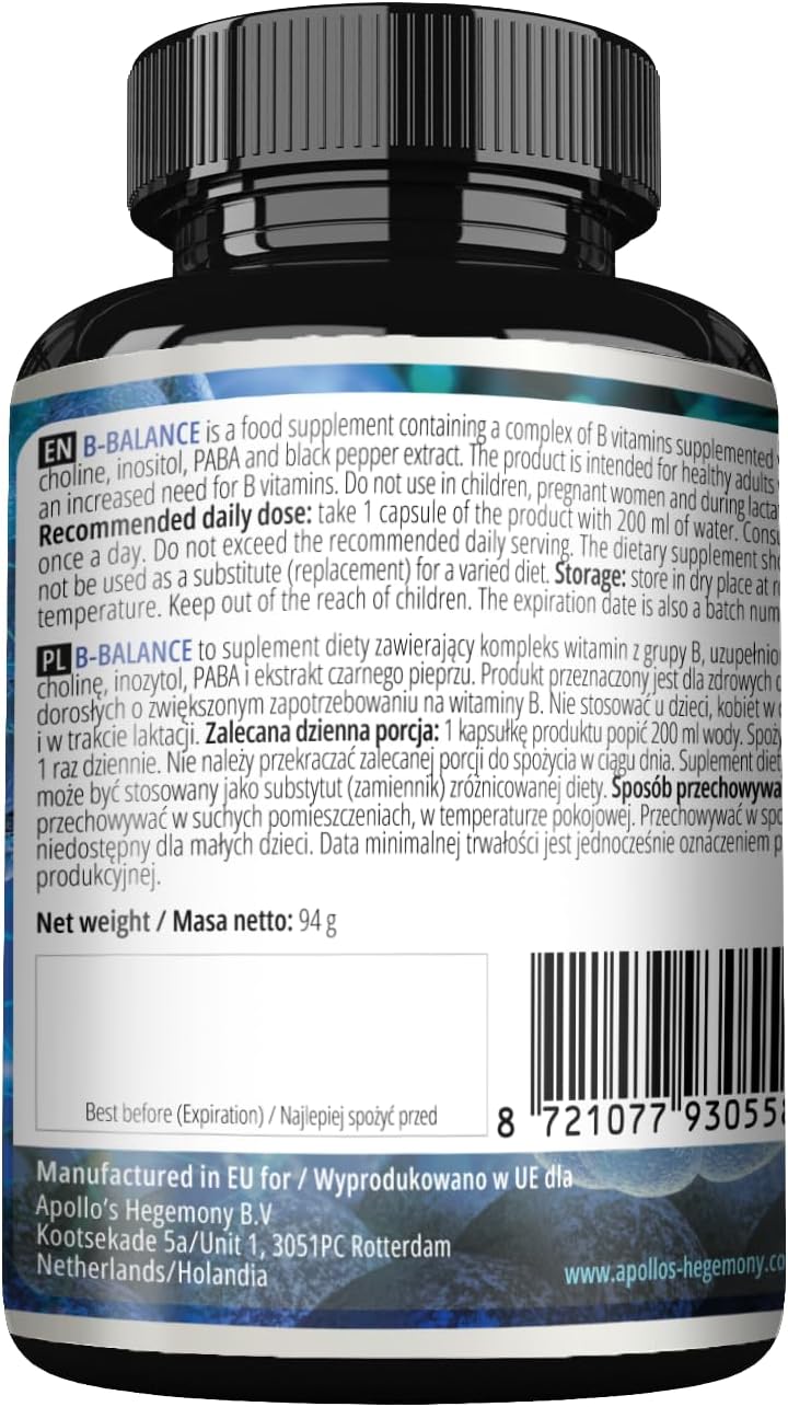 Apollo's Hegemony B-Balance Vitamin B Complex Capsules - 120 Vegan Capsules, Including B1, B2, B6, B12, Folate - 4 Month Supply for Overall Health Support