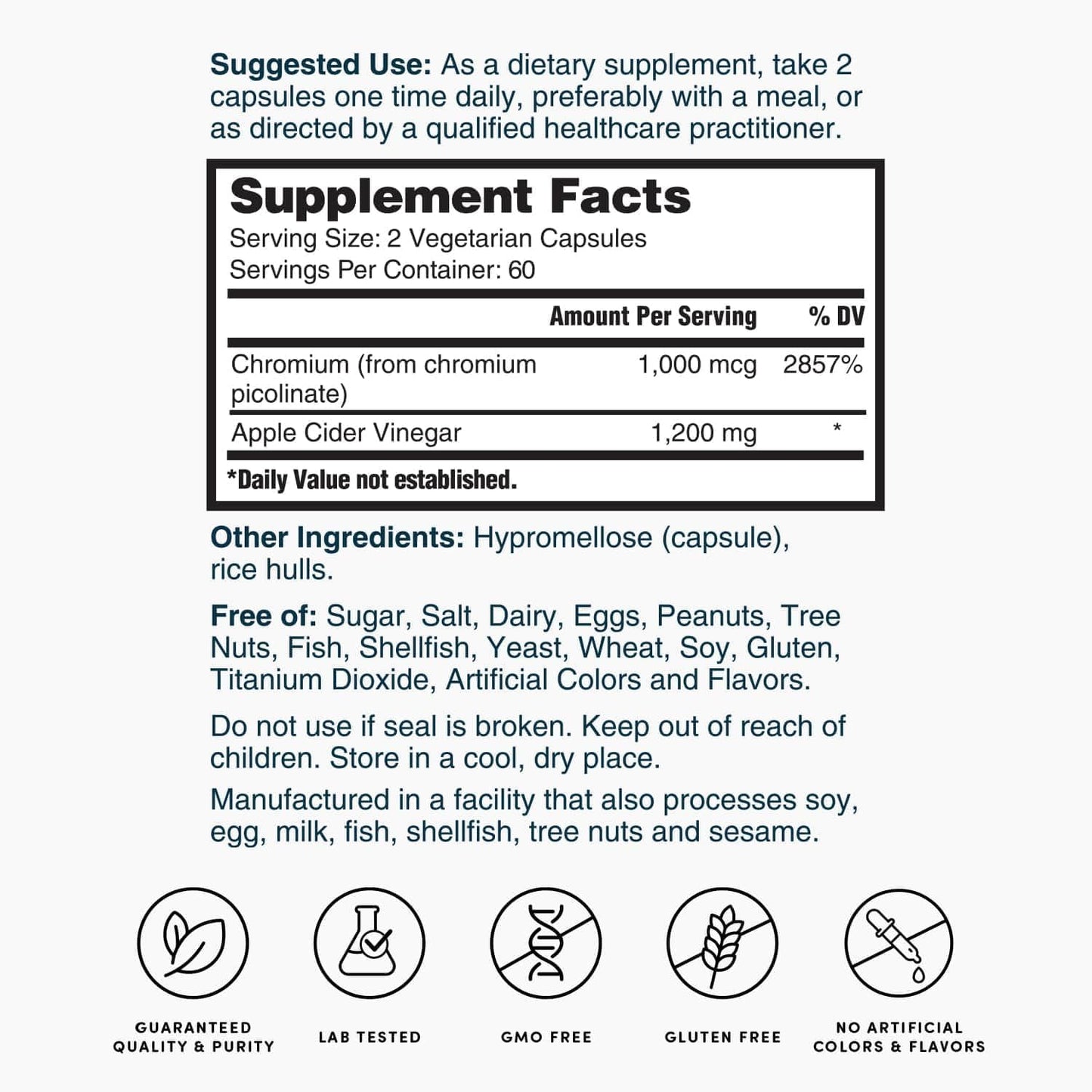 Apple Cider Vinegar 1200mg with Chromium Capsules - 120 Count, 60 Day Supply by Nature's Lab