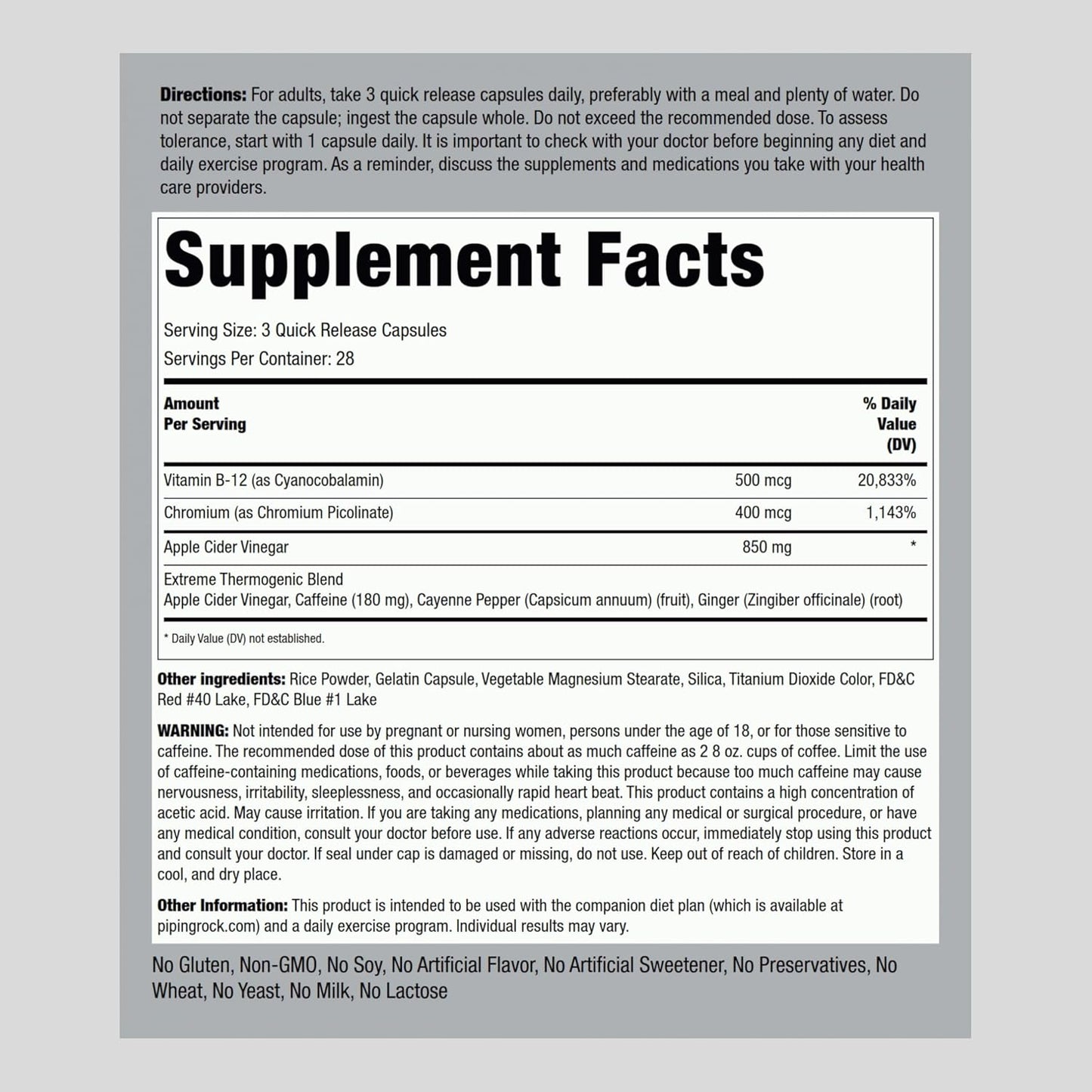 Apple Cider Vinegar Capsules with Vitamin B12, Chromium, and Cayenne - 84 Pills - Non-GMO, Gluten Free Supplement by Fitness Labs