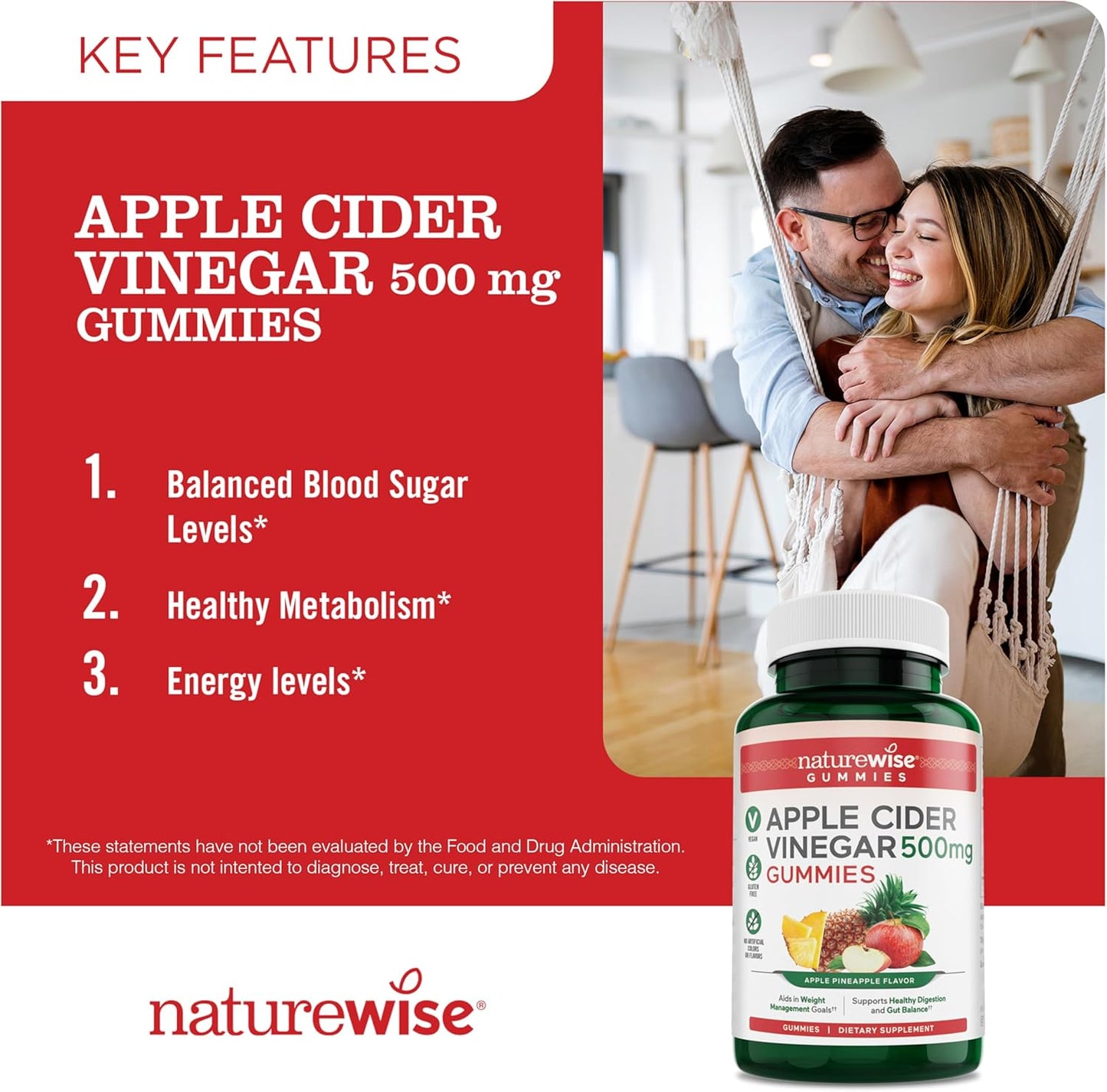 Apple Cider Vinegar Gummies 1000mg with Vitamin B12 - Vegan, Gluten-Free, Non-GMO - 90 Count Supply for 45 Days