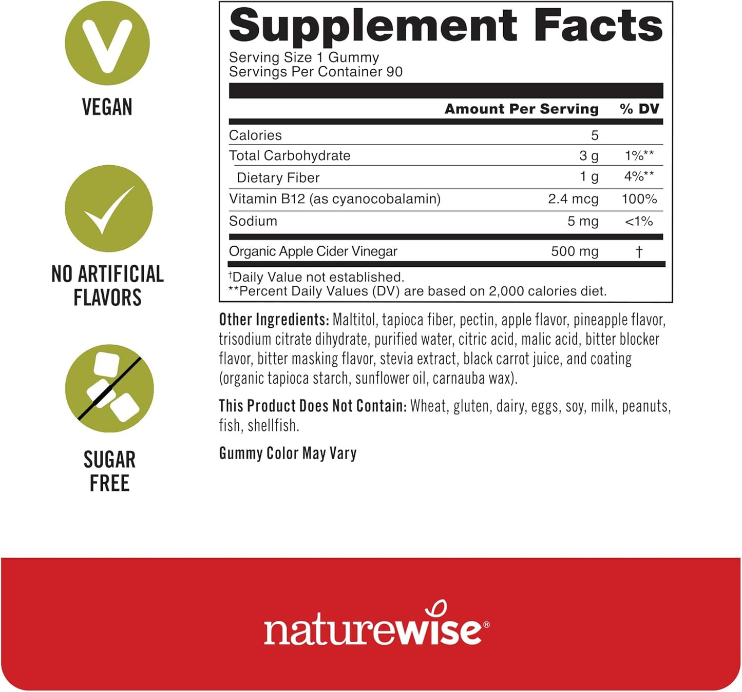 Apple Cider Vinegar Gummies 1000mg with Vitamin B12 - Energy & Gut Health - Sugar Free, Vegan - 90 Gummies, 1.5-Month Supply