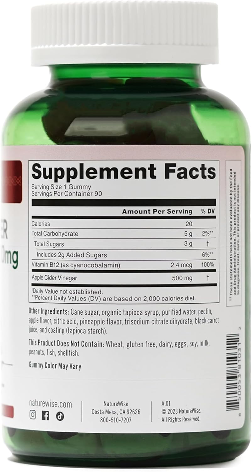 Apple Cider Vinegar Gummies 1000mg with Vitamin B12 - Vegan, Gluten-Free, Non-GMO - 90 Count Supply for 45 Days