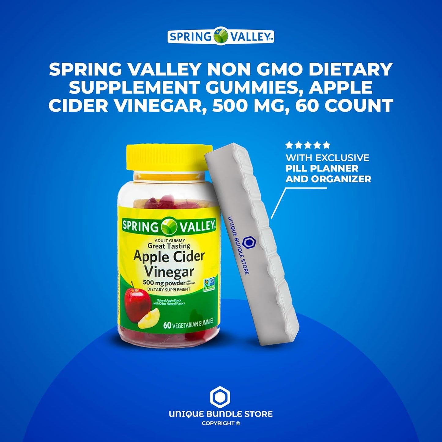 Apple Cider Vinegar Gummies 500mg Supplement with 7 Day Pill Organizer - 60 Count, Non GMO Toeah Spring Valley
