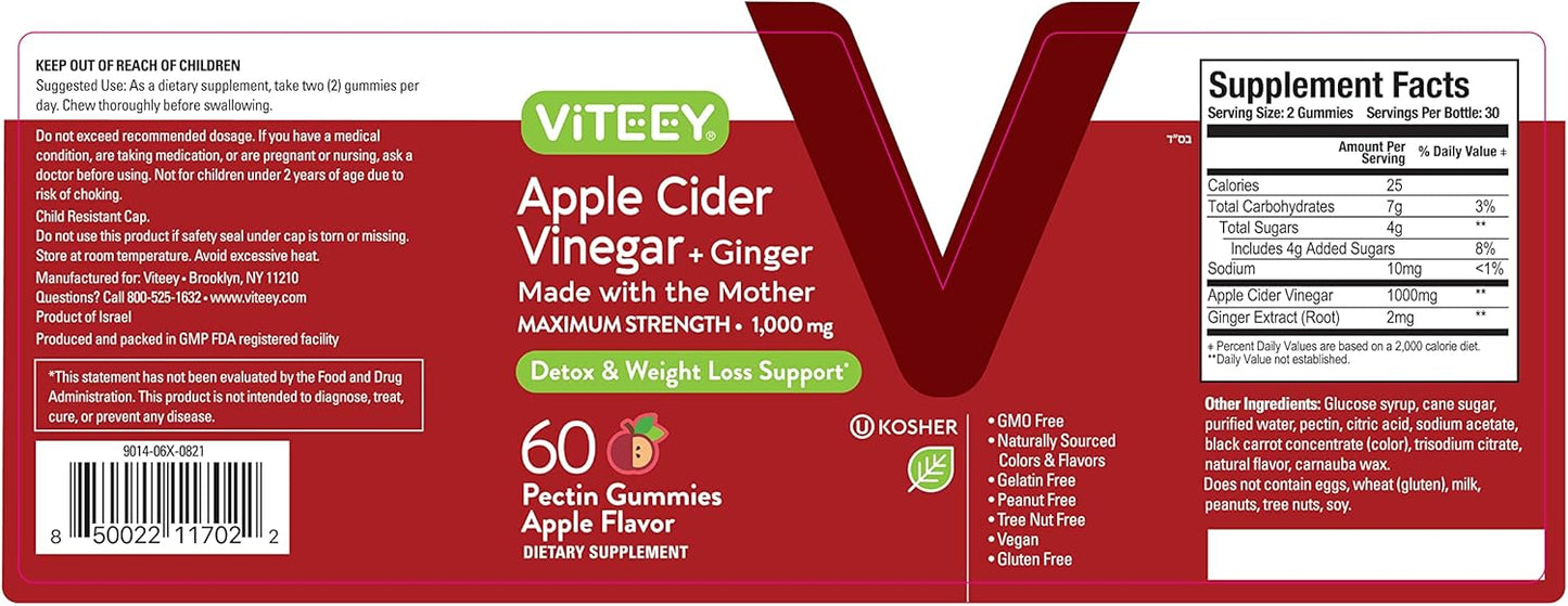 Apple Cider Vinegar Gummies with Ginger 1,000mg - Detox Cleanse for Weight Loss and Immune Support - Vegan, Gluten Free, Gelatin Free - Chewable Apple Flavored Gummy - BoostGo Australia