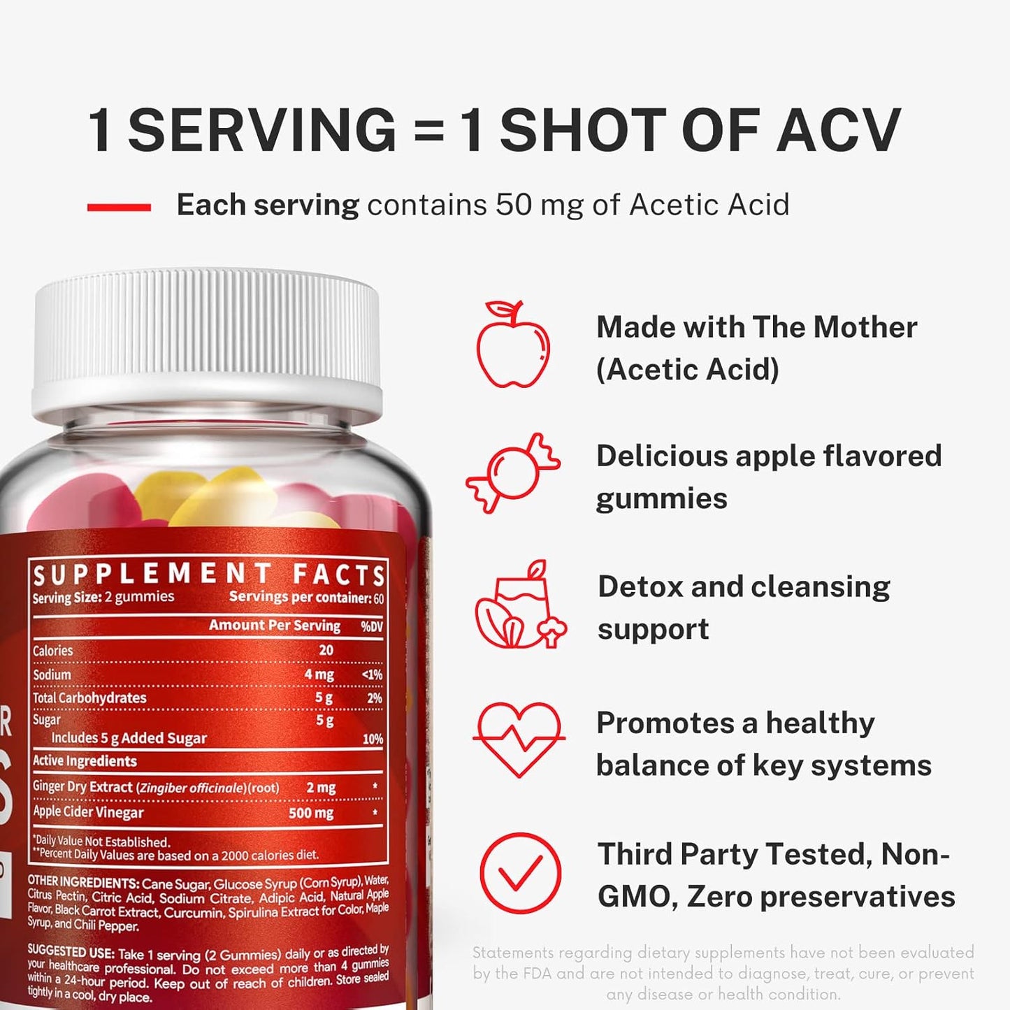 Apple Cider Vinegar Gummies with The Mother - Detox & Immune Support - Black Carrot & Ginger - Non-GMO, Gluten-Free - 120 Gummies - BoostGo Australia