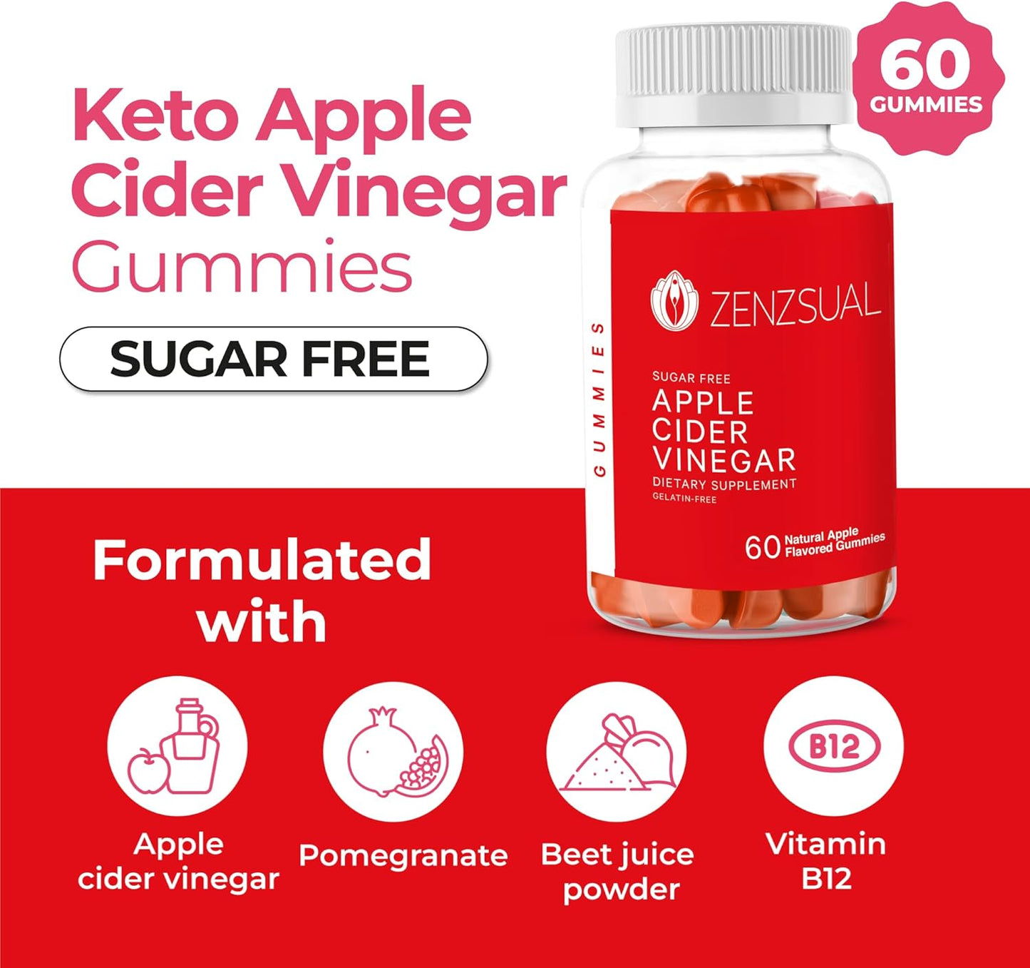 Apple Cider Vinegar Gummies with Vitamin B12, Beetroot, Pomegranate - Digestive, Metabolism, Immune Health Support - Boost Energy - Gelatin, Gluten Free - 60 Gummies
