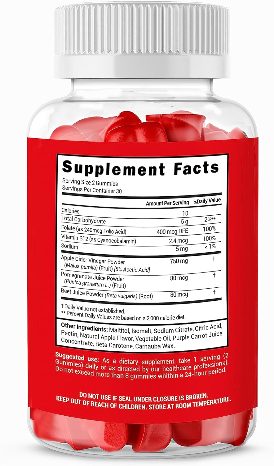 Apple Cider Vinegar Gummies with Vitamin B12, Beetroot, Pomegranate - Digestive, Metabolism, Immune Health Support - Boost Energy - Gelatin, Gluten Free - 60 Gummies