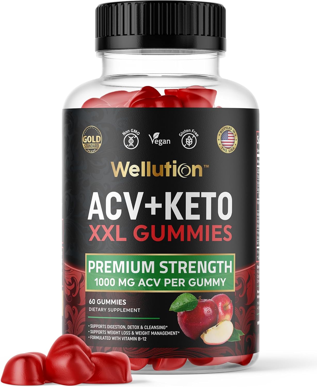 Apple Cider Vinegar Gummies with Vitamin B12, Folate & Antioxidants - 1000mg ACV for Energy, Digestion, Weight Management - 60 Vegan Gummies
