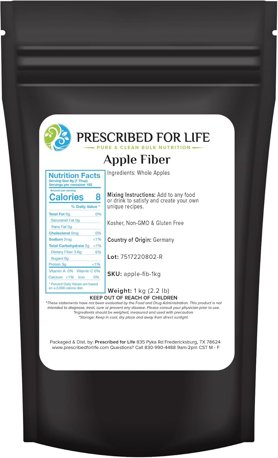 Apple Fiber Powder - Natural Pectin Supplement for Digestive Health - Whole Apple Concentrate - Vegan, Non GMO, Gluten Free - 1kg