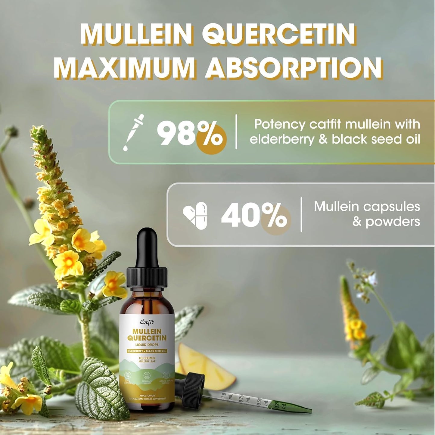 Apple Flavored Catfit Mullein Drops - Mullein Leaf Extract Supplement for Lung Health - 2 Fl Oz Tincture for Immune & Respiratory Support