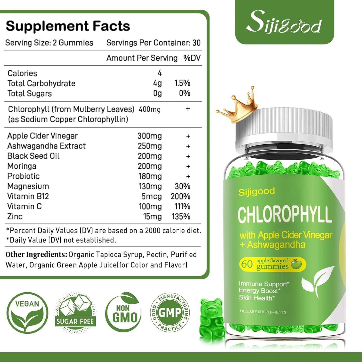 Apple Flavored Chlorophyll Gummy Supplement with Black Seed Oil, Moringa, and Probiotic for Immunity, Digestion, and Body Odor - 60 Gummies for Adults, Kids, Women, and Men - BoostGo Australia