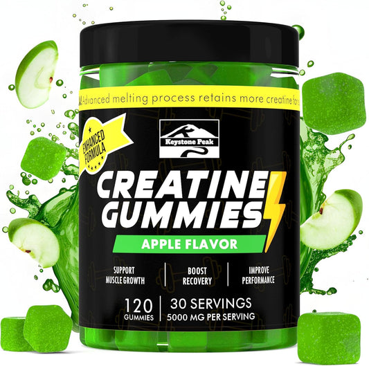 Apple Flavored Creatine Gummies for Men & Women - 100% Creatine, 5g per Serving, Vegan & Sugar Free - 120 Count