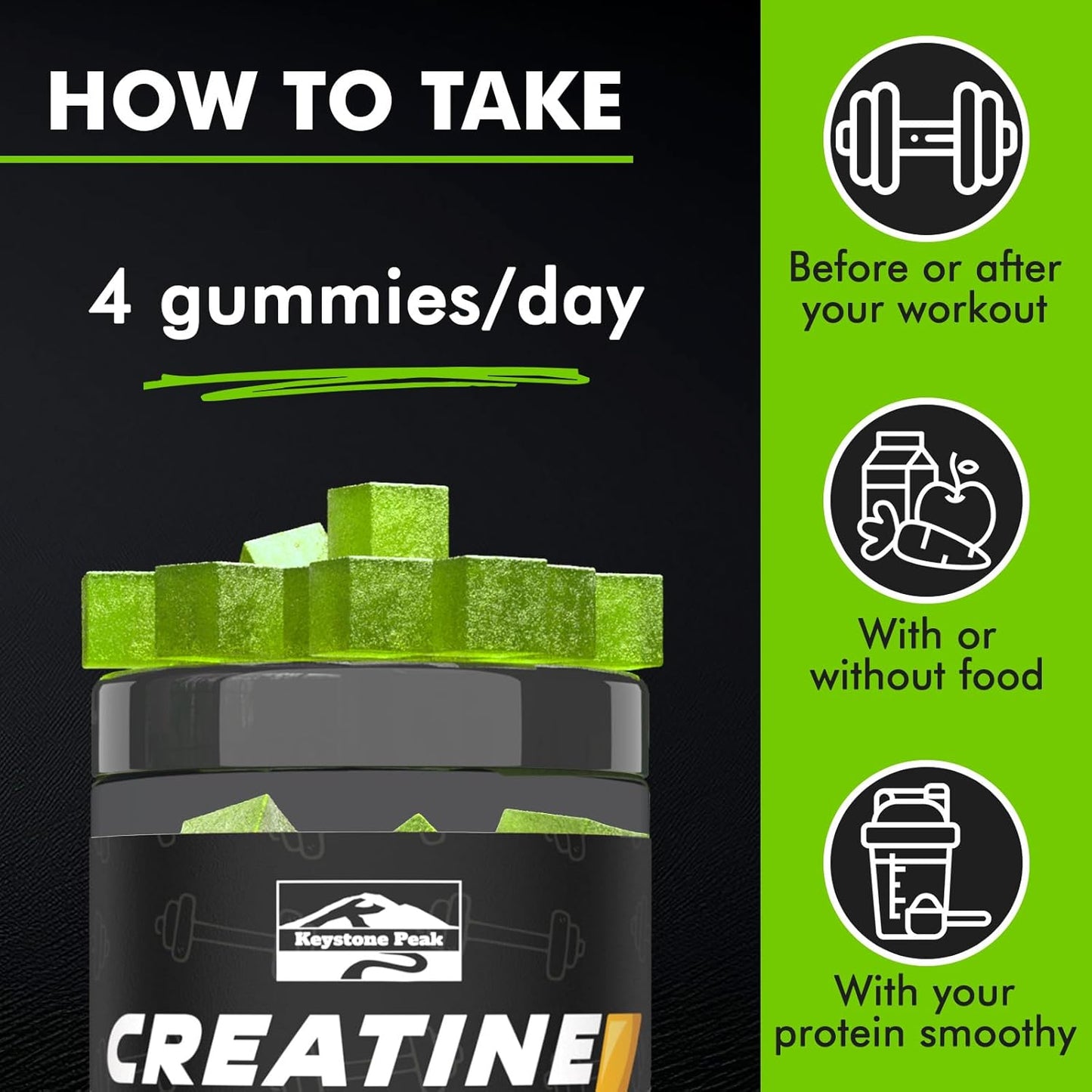 Apple Flavored Creatine Gummies for Men & Women - 100% Creatine, 5g per Serving, Vegan & Sugar Free - 120 Count