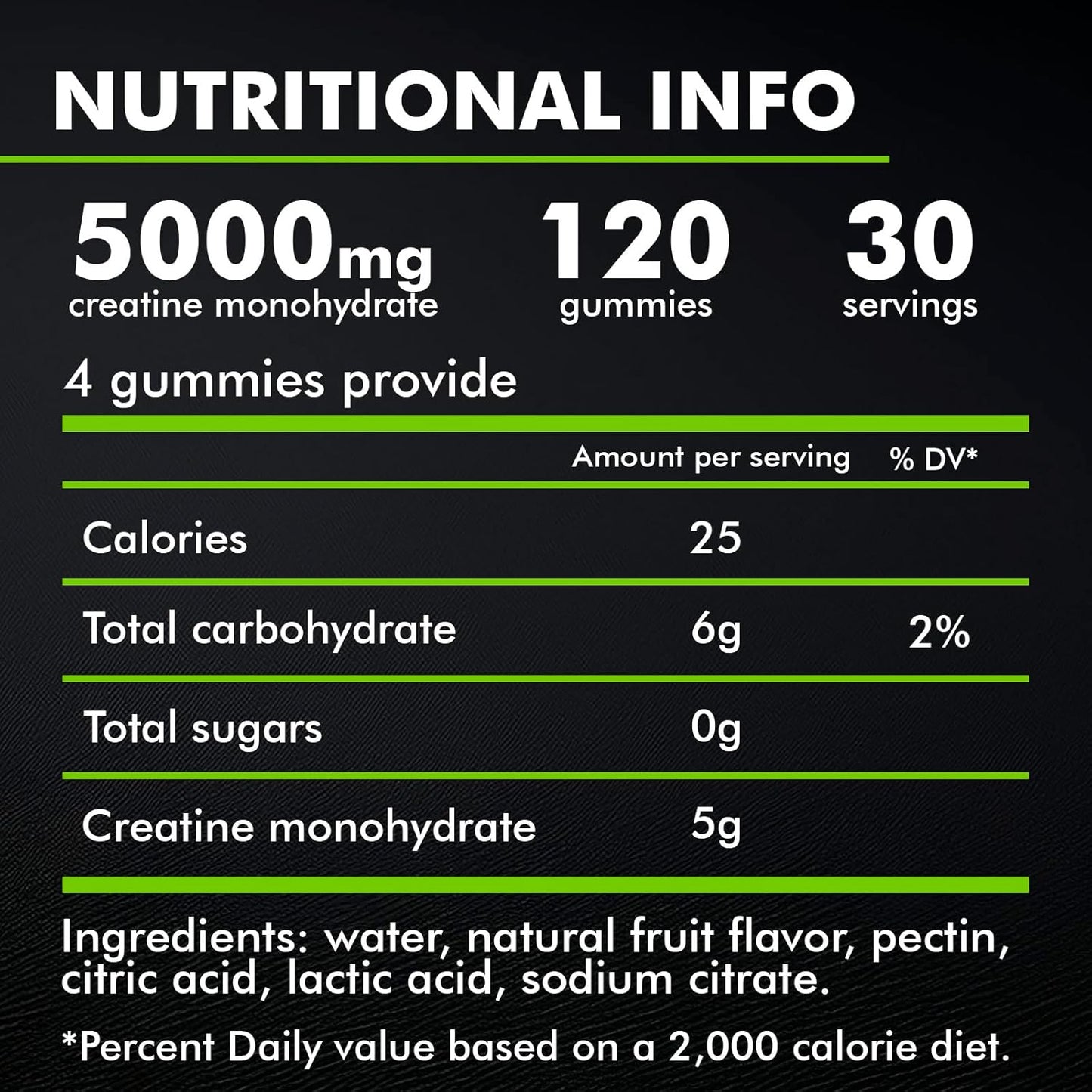 Apple Flavored Creatine Gummies for Men & Women - 100% Creatine, 5g per Serving, Vegan & Sugar Free - 120 Count