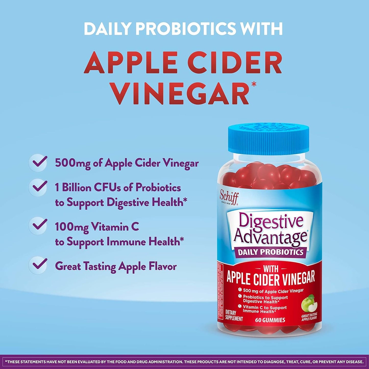Apple Flavored Digestive Advantage Probiotic Gummies with ACV, 60ct for Digestive & Immune Health in Men & Women