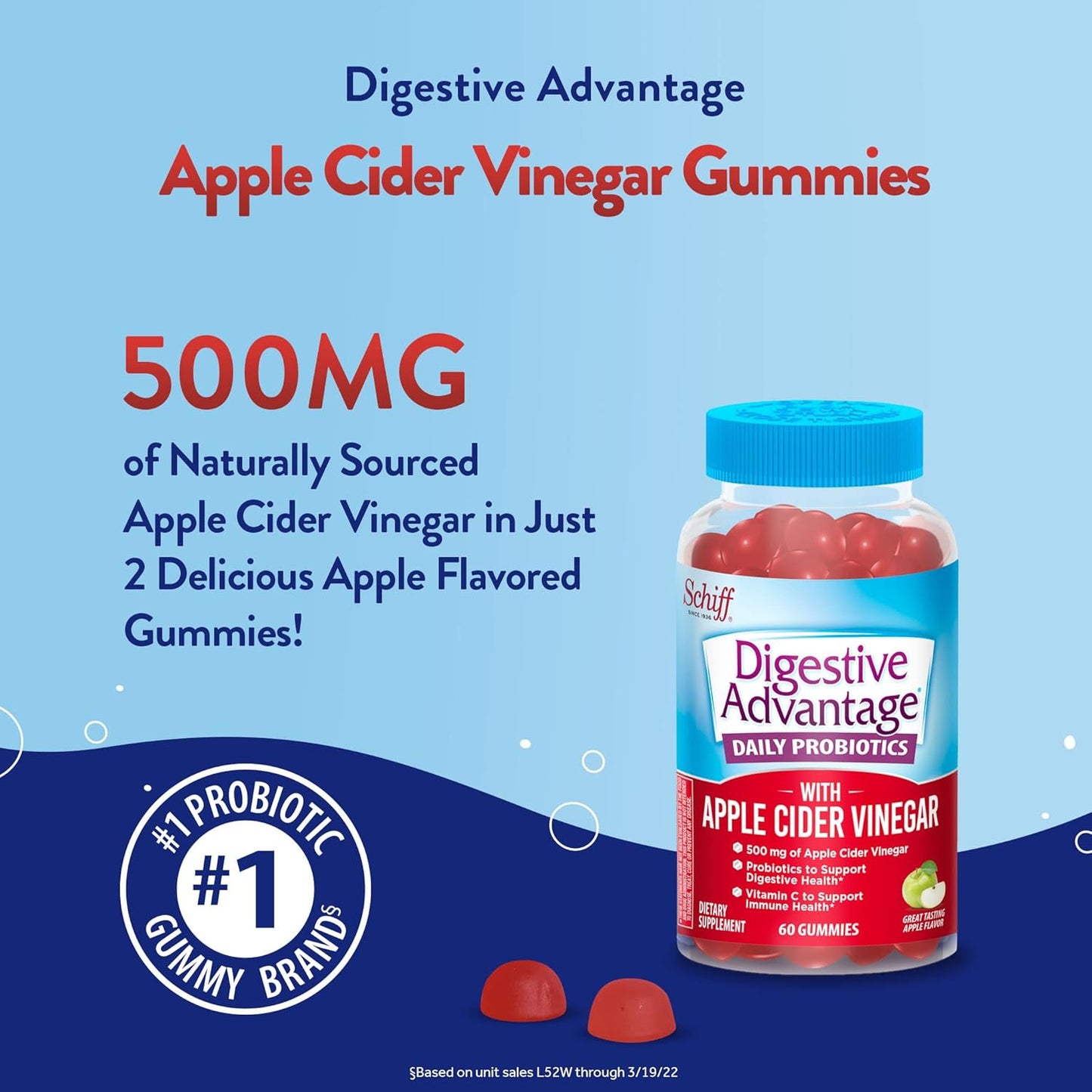 Apple Flavored Digestive Advantage Probiotic Gummies with ACV, 60ct for Digestive & Immune Health in Men & Women