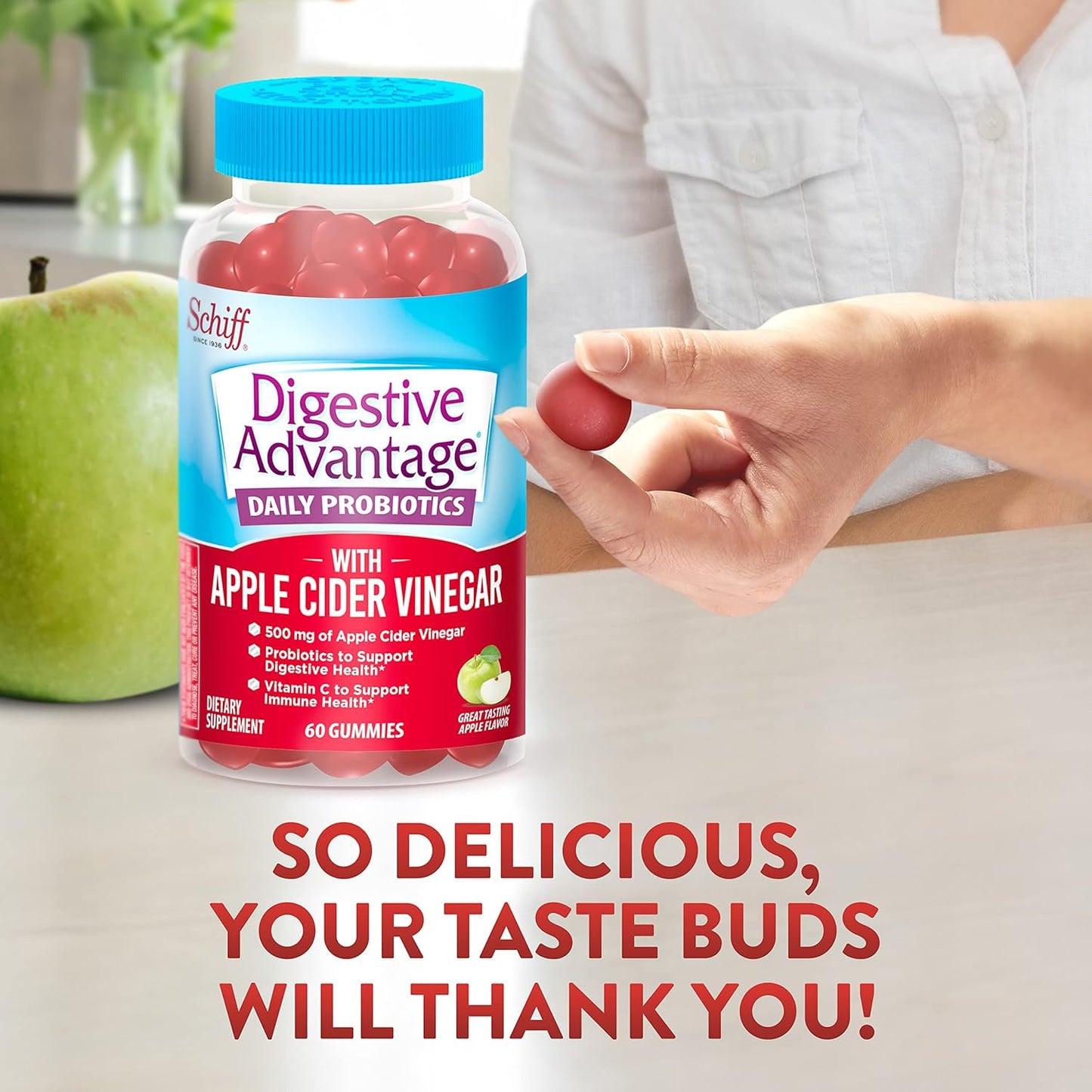 Apple Flavored Digestive Advantage Probiotic Gummies with ACV, 60ct for Digestive & Immune Health in Men & Women