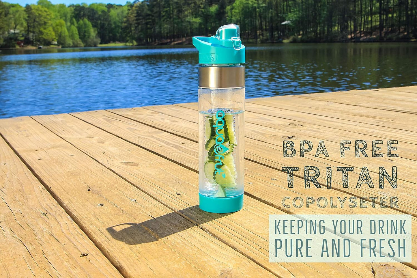 AquaFrut Bottom Loading Fruit Infuser Water Bottle - 24 OZ - BPA Free Tritan Plastic - Leak Proof - Infusion Recipe eBook - Black