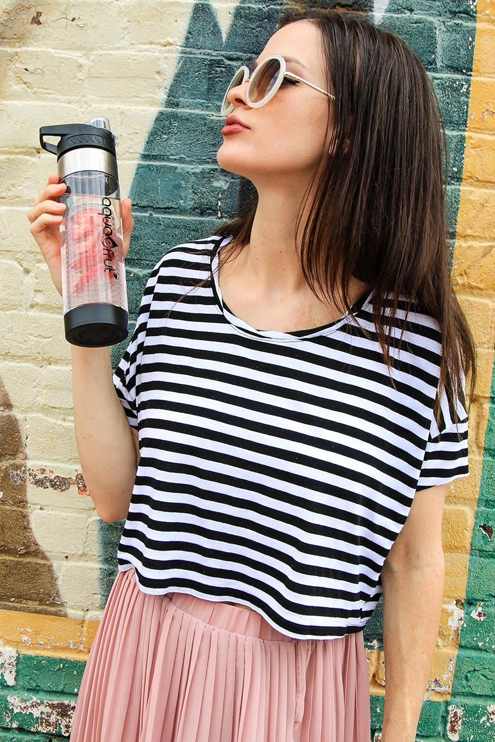 AquaFrut Bottom Loading Fruit Infuser Water Bottle - 24 OZ - BPA Free Tritan Plastic - Leak Proof - Infusion Recipe eBook - Black