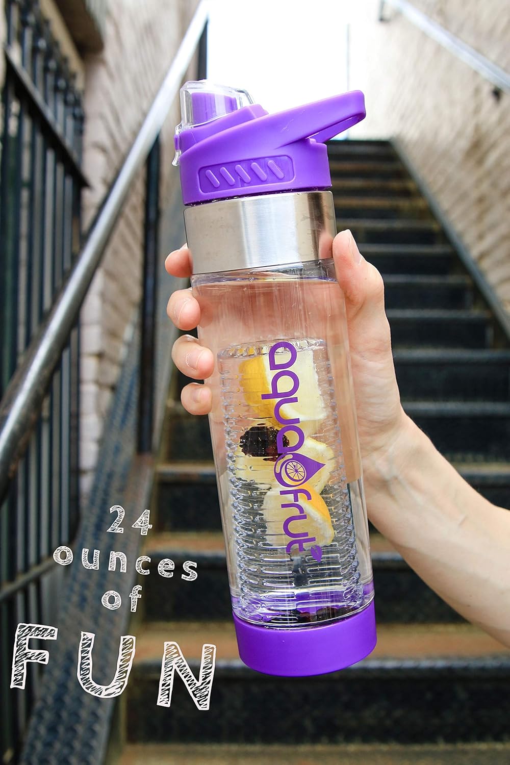 AquaFrut Bottom Loading Fruit Infuser Water Bottle - 24 OZ - BPA Free Tritan Plastic - Leak Proof - Infusion Recipe eBook - Black