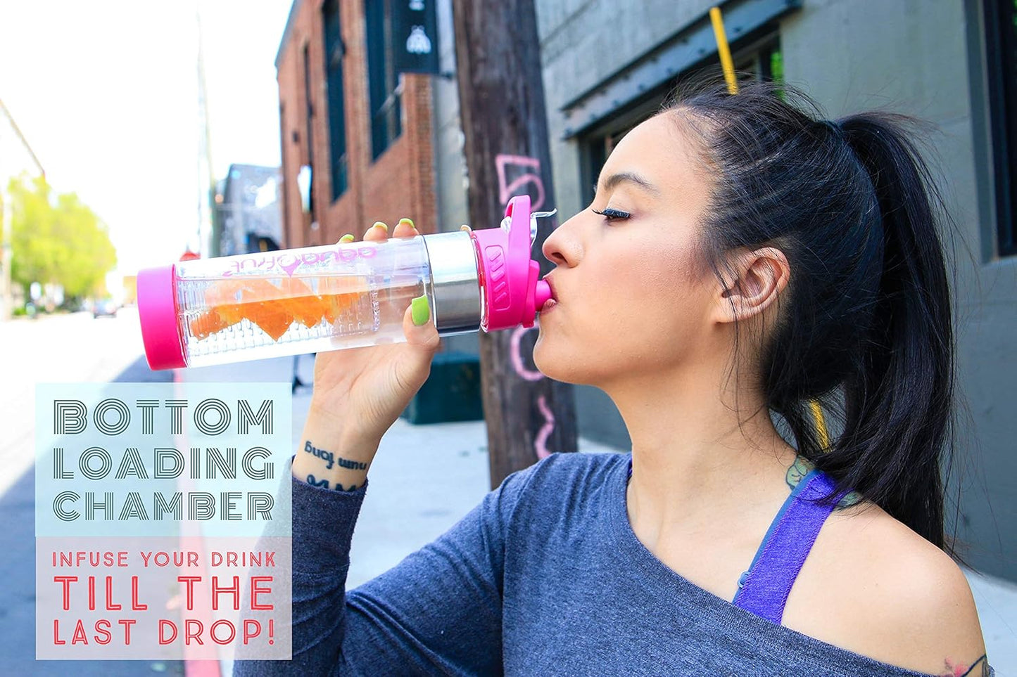 AquaFrut Bottom Loading Fruit Infuser Water Bottle - 24 OZ - BPA Free Tritan Plastic - Leak Proof - Infusion Recipe eBook - Black