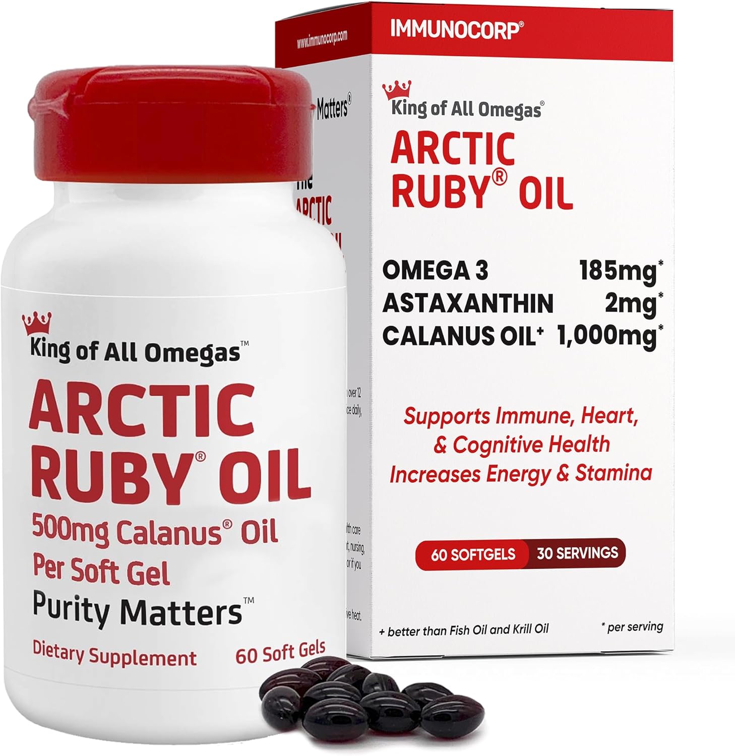 Arctic Ruby Oil Omega 3 Supplement with Astaxanthin - 60 Softgels for Heart, Brain, Eye, Skin, Joint & Immune Support