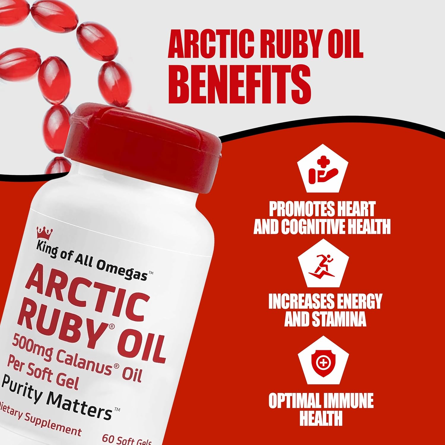 Arctic Ruby Oil Omega 3 Supplement with Astaxanthin - 60 Softgels for Heart, Brain, Eye, Skin, Joint & Immune Support