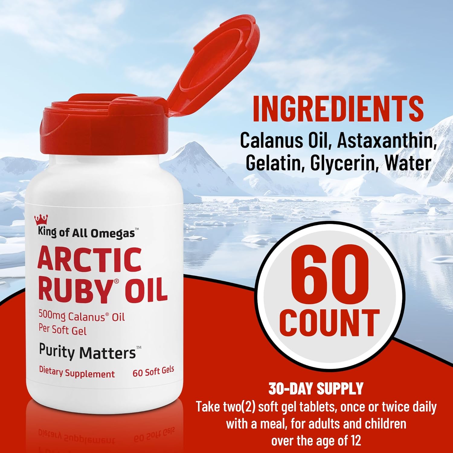 Arctic Ruby Oil Omega 3 Supplement with Astaxanthin - 60 Softgels for Heart, Brain, Eye, Skin, Joint & Immune Support