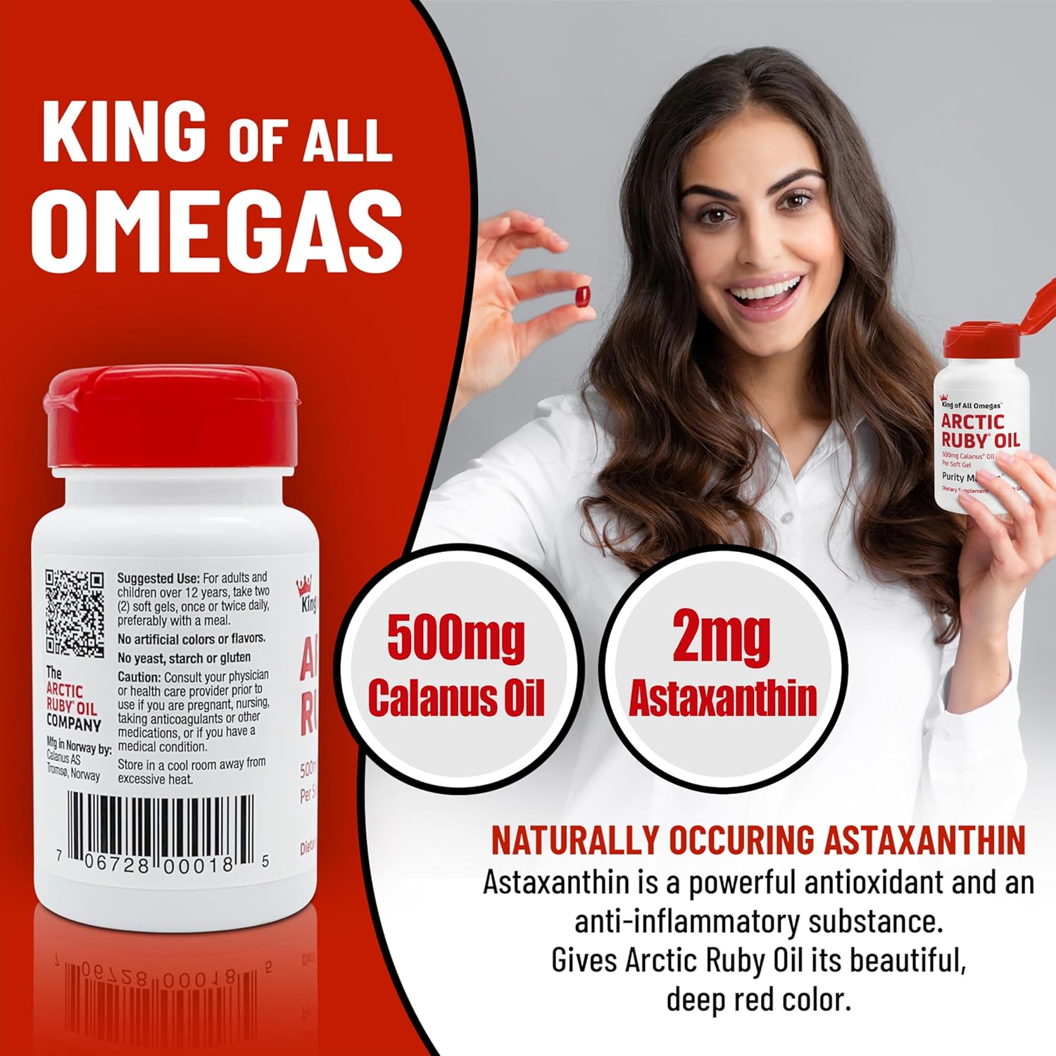 Arctic Ruby Oil Omega 3 Supplement with Astaxanthin - 60 Softgels for Heart, Brain, Eye, Skin, Joint & Immune Support