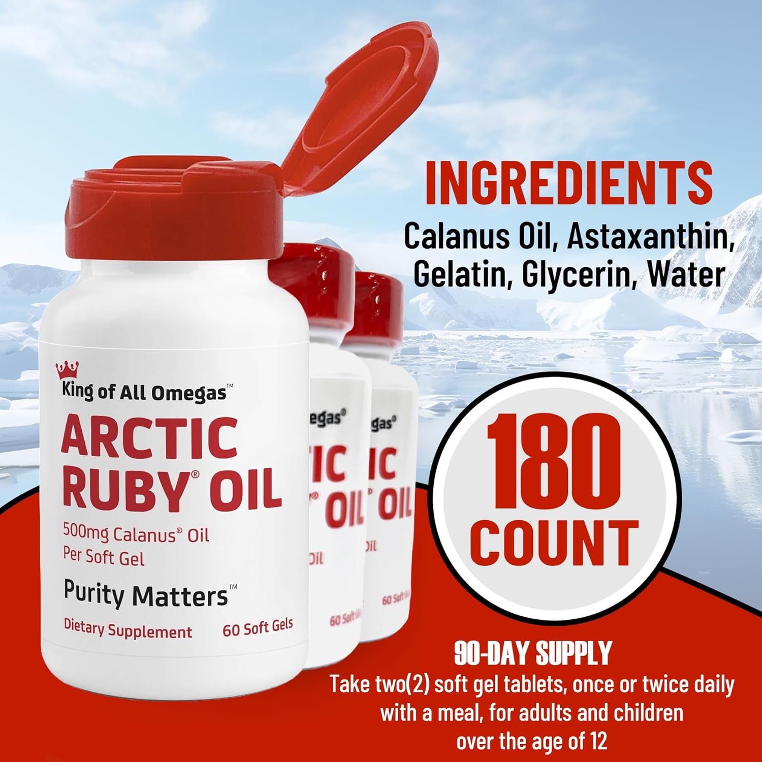 Arctic Ruby Oil with Astaxanthin - Omega 3 Supplement for Heart, Brain, Eye & Joint Health - Antioxidant Rich Formula - 180 Softgels