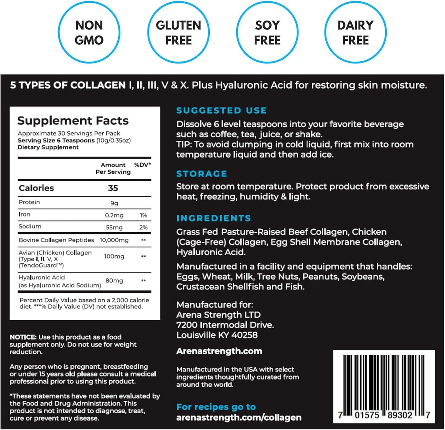Arena Strength Collagen Peptides - 5 Types of Collagen to Support Joints, Skin, Hair, & Nails - Unflavoured, Non GMO, Grass Fed, Paleo-Friendly