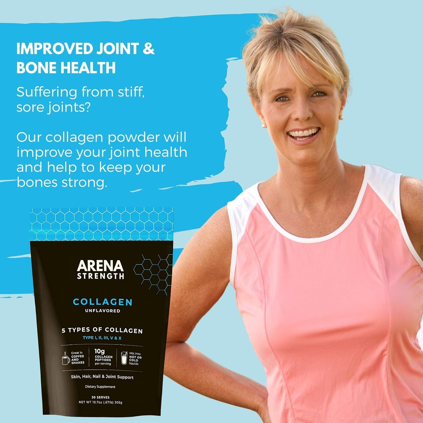 Arena Strength Collagen Peptides - 5 Types of Collagen to Support Joints, Skin, Hair, & Nails - Unflavoured, Non GMO, Grass Fed, Paleo-Friendly