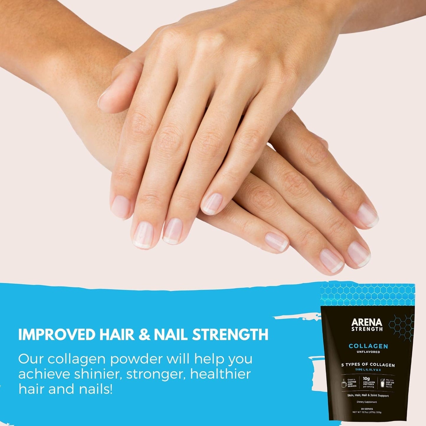 Arena Strength Collagen Peptides - 5 Types of Collagen to Support Joints, Skin, Hair, & Nails - Unflavoured, Non GMO, Grass Fed, Paleo-Friendly